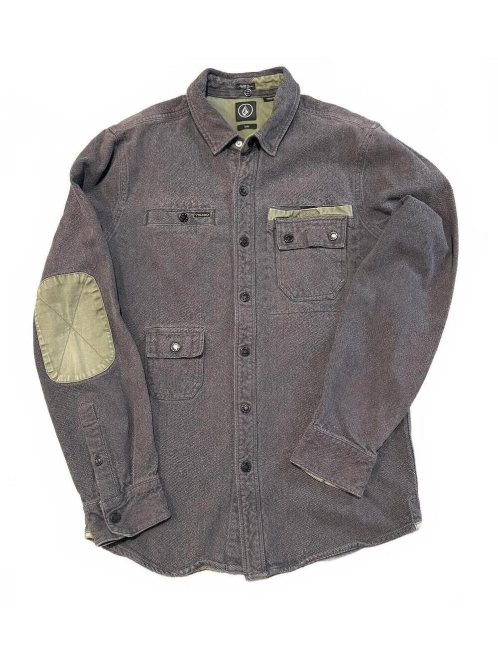 Volcom Slim Fit Button Up Shirt Men Medium Gray Olive Patch Utility 100% Cotton